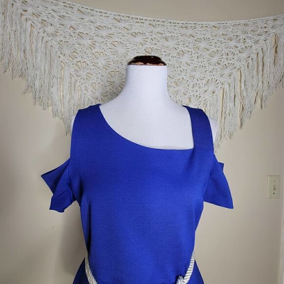 1. State Cold Shoulder Lined Formal Mini Dress Blue Size 12 Large - Picture 11 of 14